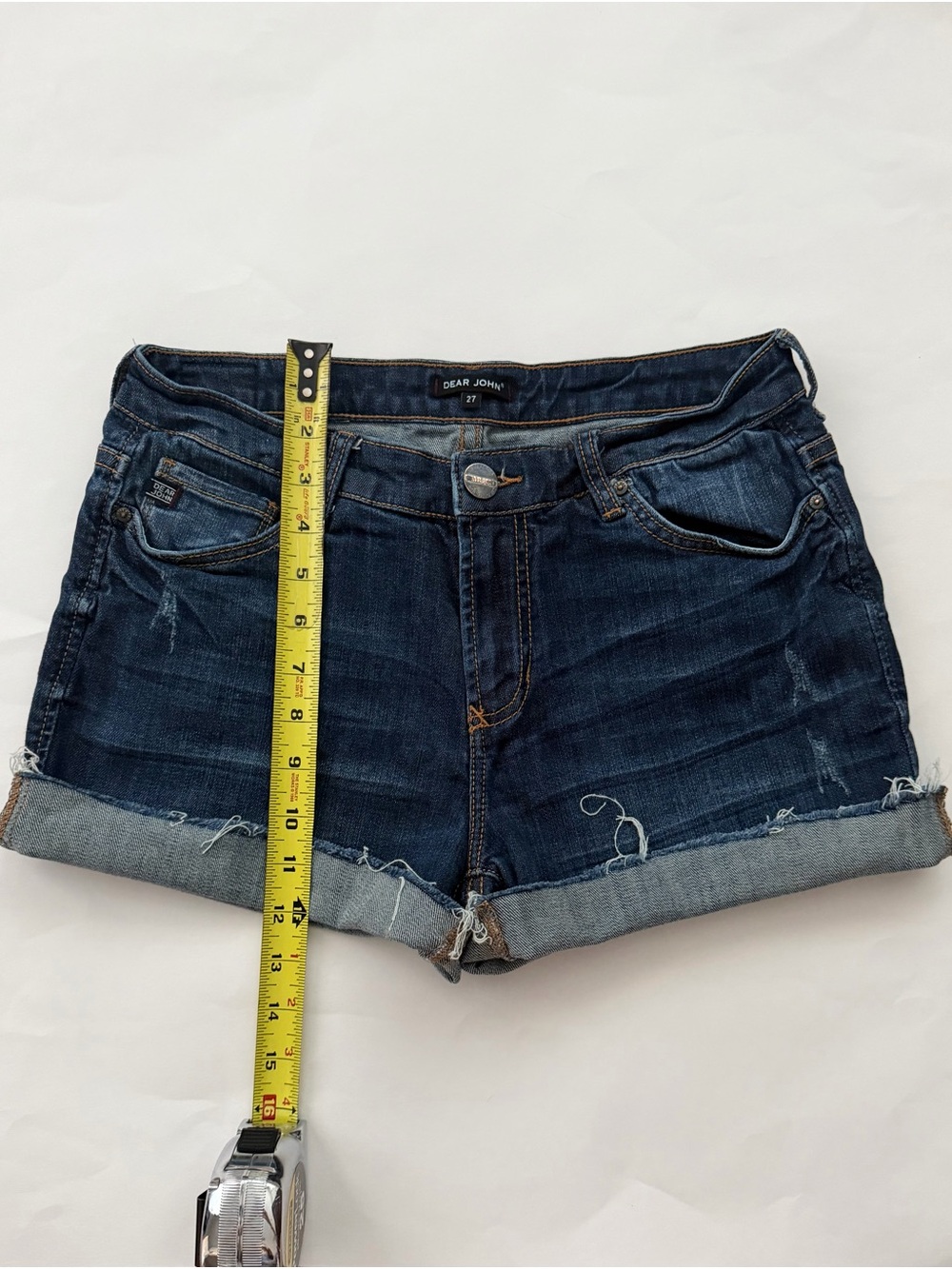 Dear John Indigo Rolled Cuff Distressed Denim Shorts